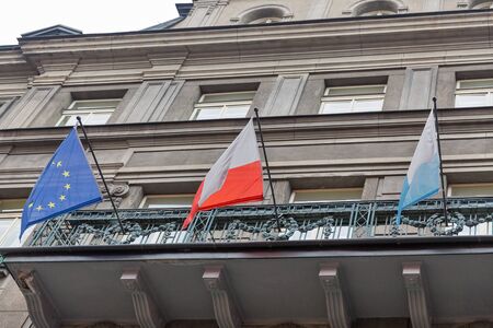 European flags on the building, close-up. horizontal
