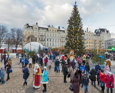 KIEV, UKRAINE - JANUARY 03, 2017: People visit Christmas fair on Sophia Square. Formerly the main city square it is situated close to Sophia Cathedral and the St. Michael Monastery.のeditorial素材