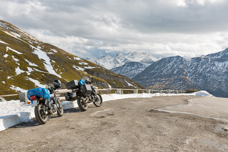 Mountains landscape Grossglockner High Alpine Road with paked bikes in Austrian Alps.の写真素材