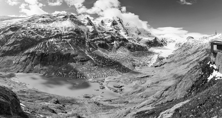 Mountain landscape on Kaiser Franz Josef glacier panorama. Grossglockner High Alpine Road in Austrian Alps. Black and white.の写真素材