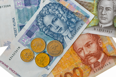 Set of Croatian currency banknotes and coins macro. One hundred, fifty and ten kuna notes.