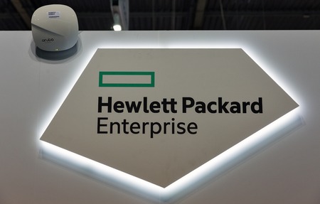 KIEV, UKRAINE - OCTOBER 07, 2017: Hewlett-Packard Enterprise logo, American information technology company booth at CEE 2017, the largest electronics trade show of Ukraine in KyivExpoPlaza EC.のeditorial素材