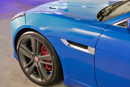 KIEV, UKRAINE - OCTOBER 27, 2017: Blue modern Jaguar F-TYPE on the art exhibition "Jaguar. The Art of Performance" in Business Center Toronto.のeditorial素材