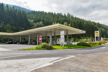 HAUS, AUSTRIA - SEPTEMBER 24, 2017: ENI petrol station in Austrian Alps. ENI is the Italian multinational oil and gas company headquartered in Rome.のeditorial素材