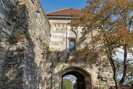 Medieval castle alley, gate and walls in Bratislava, Slovakia.の写真素材