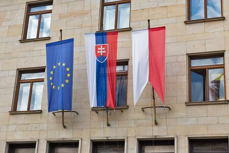 Flags of Slovakia, Bratislava and European Union outdoor closeup.の写真素材