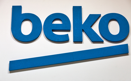 KIEV, UKRAINE - OCTOBER 07, 2017: Beko logo, Turkish domestic appliance and consumer electronics brand booth at CEE 2017, the largest electronics trade show of Ukraine in KyivExpoPlaza EC.のeditorial素材