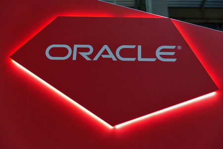KIEV, UKRAINE - OCTOBER 07, 2017: Oracle logo closeup, American multinational computer technology...