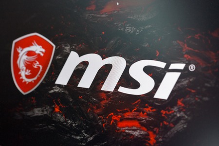 KIEV, UKRAINE - OCTOBER 08, 2017: MSI logo, a Taiwan based information technology corporation booth during CEE 2017, largest consumer electronics trade show of Ukraine in ExpoPlaza Exhibition Center.のeditorial素材