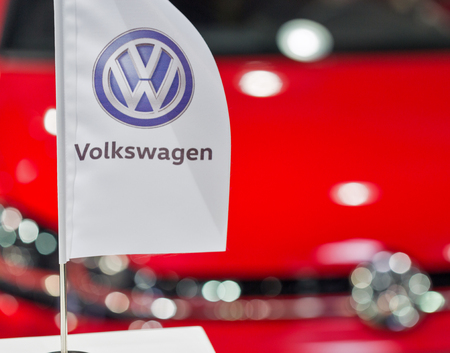 KIEV, UKRAINE - OCTOBER 08, 2017: Volkswagen logo closeup at German multinational automaker booth during CEE 2017, the largest consumer electronics trade show of Ukraine in KyivExpoPlaza EC.のeditorial素材