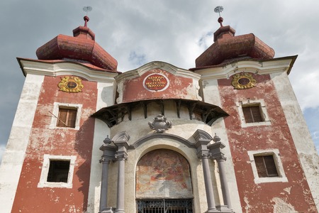 BANSKA STIAVNICA, SLOVAKIA - SEPTEMBER 28, 2017: Upper church of Calvary against cloudy sky, built in 1754 - 1757. It is the most important Baroque calvary in Slovakia, UNESCO World Heritage Site.のeditorial素材