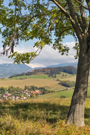 Summer hills rural landscape with Benusovce village close to Liptovsky Trnovec in Slovakia.の写真素材