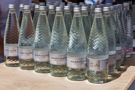 KIEV, UKRAINE - JUNE 02, 2018: Harrogate spring water at Kyiv Wine Festival. Big festival of wine and food was organized by Good Wine company, 77 winemakers from around the world took part there.のeditorial素材