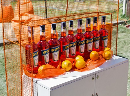 KIEV, UKRAINE - JUNE 02, 2018: Aperol Spritz booth at Kyiv Wine Festival. Big festival of wine and healthy food was organized by Good Wine company, 77 winemakers from around the world took part there.のeditorial素材