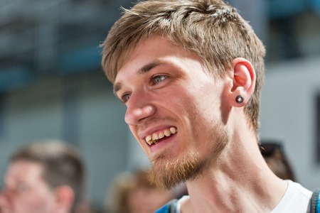 KIEV, UKRAINE - JUNE 2, 2018: Portrait of young man sommelier at Kyiv Wine Festival. 77 winemakers from around the world took part in the big festival organized by Good Wine company.のeditorial素材