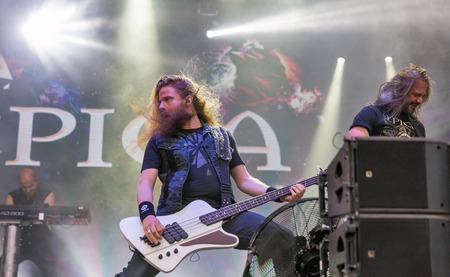 KIEV, UKRAINE - JULY 04, 2018: Dutch symphonic metal rock band Epica and its bass guitarist Rob van...