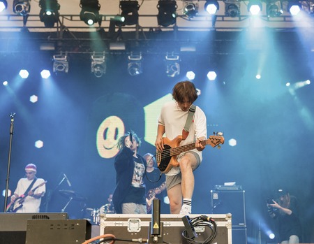 KIEV, UKRAINE - JULY 08, 2018: Vulgar Molly, an Ukrainian pop synthy punk band performs live at the Atlas Weekend Festival in National Expocenter.のeditorial素材