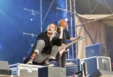 KIEV, UKRAINE - JULY 08, 2018: Vulgar Molly, an Ukrainian pop synthy punk band performs live at the...