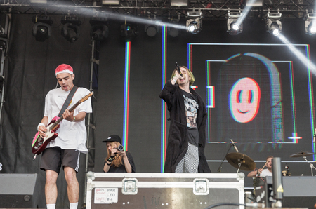 KIEV, UKRAINE - JULY 08, 2018: Vulgar Molly, an Ukrainian pop synthy punk band performs live at the Atlas Weekend Festival in National Expocenter.のeditorial素材