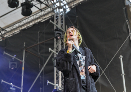 KIEV, UKRAINE - JULY 08, 2018: Vulgar Molly, an Ukrainian pop synthy punk band performs live at the Atlas Weekend Festival in National Expocenter.のeditorial素材