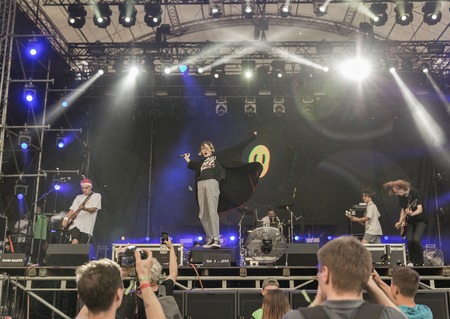 KIEV, UKRAINE - JULY 08, 2018: Vulgar Molly, an Ukrainian pop synthy punk band performs live at the Atlas Weekend Festival in National Expocenter.のeditorial素材