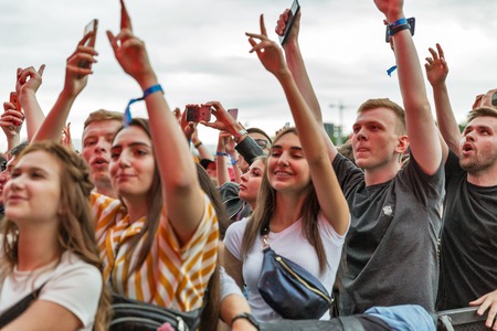 KIEV, UKRAINE - JULY 04, 2018: Fans crowd enjoy Belgian DJ Lost Frequencies live performance at the Atlas Weekend Festival in National Expocenter.のeditorial素材