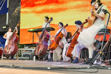 KIEV, UKRAINE - JULY 06, 2018: Dakh Daughters, Ukrainian music and theater project performs live at the Atlas Weekend Festival in National Expocenter.のeditorial素材