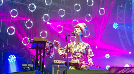 KIEV, UKRAINE - JULY 04, 2018: Panivalkova folk modern rock multiinstrument trio band performs live at the Atlas Weekend Festival in National Expocenter.のeditorial素材