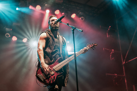 KIEV, UKRAINE - JULY 04, 2018: American Christian metal rock band Skillet and John Cooper, lead vocalist and bass guitarist performs live at the Atlas Weekend Festival in National Expocenter.のeditorial素材