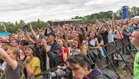 KIEV, UKRAINE - JULY 04, 2018: Fans crowd enjoy Belgian DJ Lost Frequencies live performance at the Atlas Weekend Festival in National Expocenter.のeditorial素材