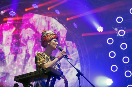 KIEV, UKRAINE - JULY 04, 2018: Panivalkova folk modern rock multiinstrument trio band performs live...
