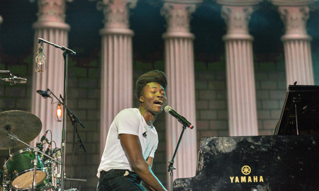 KIEV, UKRAINE - JULY 06, 2018: Benjamin Clementine, English artist, poet, vocalist, composer and musician performs live at the Atlas Weekend Festival in National Expocenter.のeditorial素材