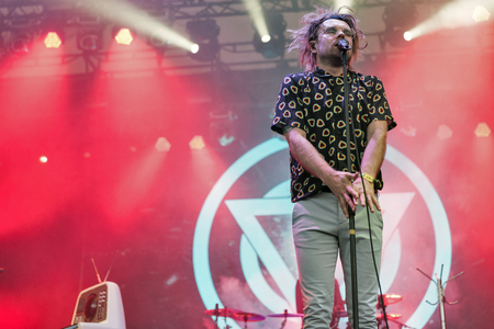 KIEV, UKRAINE - JULY 08, 2018: Enter Shikari, a British alternative post hardcore rock band and Rou Reynolds, lead singer and frontman performs live at the Atlas Weekend Festival in National Expocenter.のeditorial素材