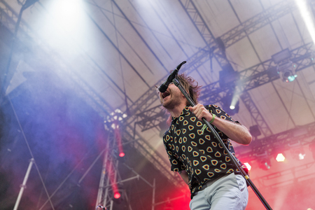 KIEV, UKRAINE - JULY 08, 2018: Enter Shikari, a British alternative post hardcore rock band and Rou Reynolds, lead singer and frontman performs live at Atlas Weekend Festival in National Expocenter.のeditorial素材