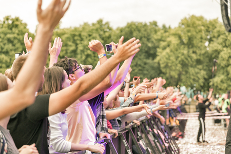 KIEV, UKRAINE - JULY 04, 2018: Fans crowd enjoy Belgian DJ Lost Frequencies live performance at the Atlas Weekend Festival in National Expocenter.のeditorial素材