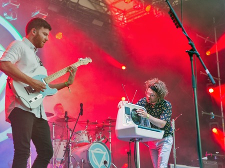 KIEV, UKRAINE - JULY 08, 2018: Enter Shikari, a British alternative post hardcore rock band performs live at Atlas Weekend Festival in National Expocenter.のeditorial素材