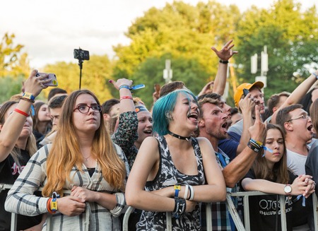 KIEV, UKRAINE - JULY 07, 2018: Fans crowd enjoy Vulgar Molly, an Ukrainian pop synthy punk band live...