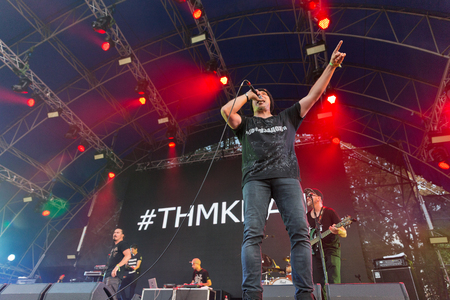 KIEV, UKRAINE - JULY 05, 2018: Ukrainian hip-hop band TNMK and Fozzi, lead singer and frontman performs live at the Atlas Weekend Festival in National Expocenter.のeditorial素材