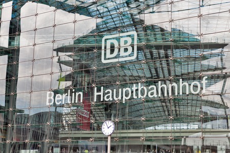 BERLIN, GERMANY - JULY 13, 2018: Facade view of Berlin Central Railway Station square or Berlin Hauptbahnhof, Hbf logo. Station was opened in May 2006, operated by DB Station and Service.のeditorial素材