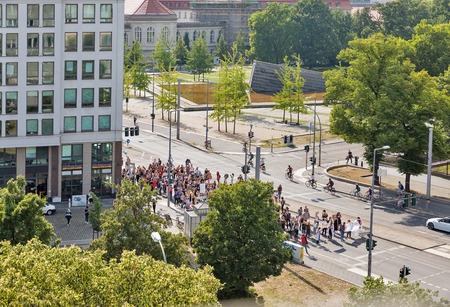BERLIN, GERMANY - JULY 13, 2018: Strike of young doctors against payment reduction for psychotherapy at the Charite Campus on Invalidenstrasse street in Mitte central district. View from above.のeditorial素材