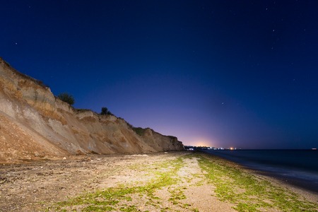 Night sea beach with stairs. Black Sea, Ukraineの写真素材