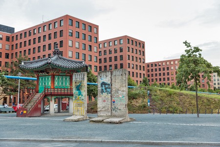 BERLIN, GERMANY - JULY 13, 2018: Korean Pavilion der Einheit in Tilla Durieux Park in front of Potsdamer Platz Arkaden mall. Berlin is the capital and German largest city by booth area and population.のeditorial素材