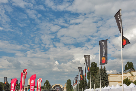 KIEV, UKRAINE - JULY 07, 2018: Mastercard credit card banners against blue sky at the Atlas Weekend music festival in National Expocenter.のeditorial素材