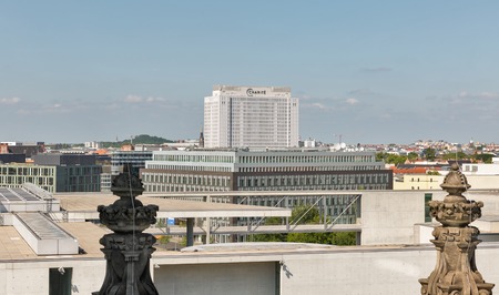 BERLIN, GERMANY - JULY 14, 2018: Berlin cityscape from Bundestag roof with Charite Hospital main building. It is Europe's largest university clinic and research intensive medical institution.のeditorial素材