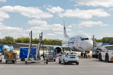 BERLIN, GERMANY - JULY 15, 2018: Utair Boeing passenger plane taxiing at Tegel Otto Lilienthal international airport. Utair is a Russian airline with its head office at Khanty-Mansiysk Airport.のeditorial素材