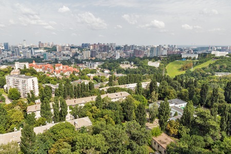 Aerial top view of Kiev city skyline from above, Kyiv downtown cityscape, capital of Ukraine.
