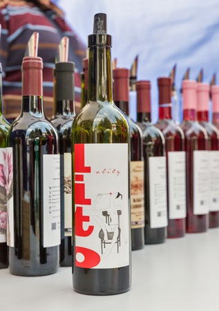 KYIV, UKRAINE - APRIL 21, 2019: Design Ukrainian wine bottles at booth during Food and Wine Festival in National Expocenter, a permanent multi-purpose exhibition complex.のeditorial素材