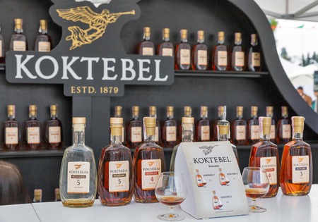 KYIV, UKRAINE - APRIL 21, 2019: Koktebel Ukrainian brandy booth during Food and Wine Festival in National Expocenter, a permanent multi-purpose exhibition complex.のeditorial素材