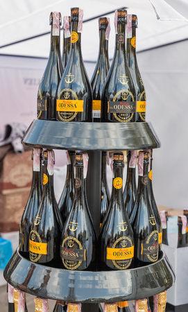 KYIV, UKRAINE - APRIL 21, 2019: Prestige Odessa sparkling wine Ukrainian winery booth during Food and Wine Festival in National Expocenter, a permanent multi-purpose exhibition complex.のeditorial素材