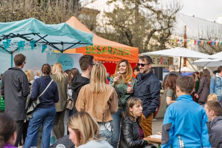 KYIV, UKRAINE - APRIL 21, 2019: People visit Food and Wine Festival in National Expocenter, a permanent multi-purpose exhibition complex.のeditorial素材